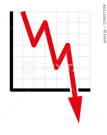 Downward trend, symbolic chart for falling prices. Decreasing red line of a diagram falls with fluctuations into the bottomless, indicating sudden heavy losses, bursting bubbles and downward movement. 124057289