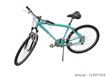 Blue teal bicycle standing on kickstand 124057418