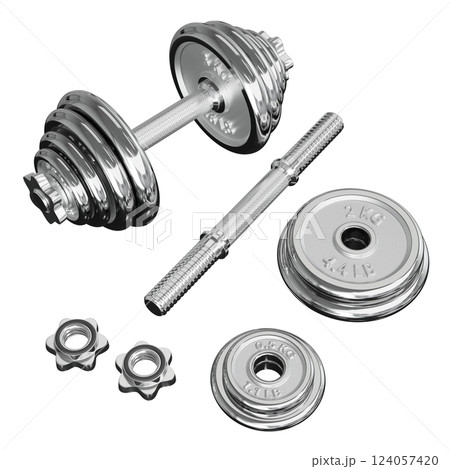 Chrome Adjustable Dumbbell and one taken apart. Rod handle, weight plates, locks Chrome Adjustable Dumbbell and one taken apart. Rod handle, weight plates, locks 124057420
