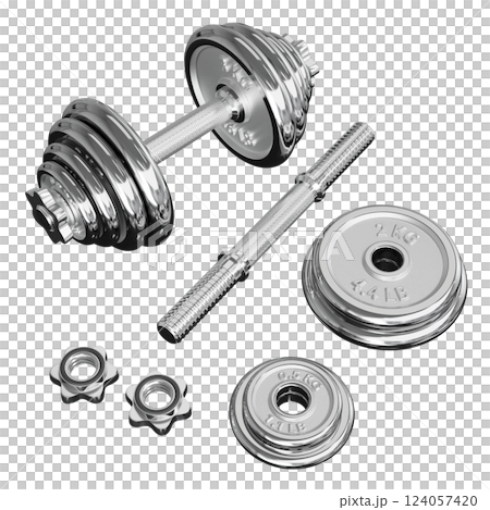 Chrome Adjustable Dumbbell and one taken apart. Rod handle, weight plates, locks 124057420