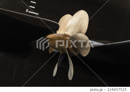 Detailed view of a metallic submarine propeller 124057525