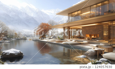 House facade design near a lake in the mountains 124057630