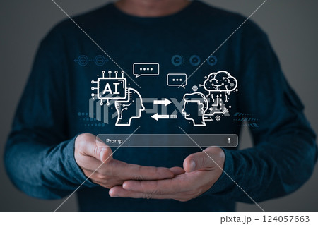 man holding smart AI chatbot and command prompt.Big data storage.Digital Artificial Intelligence technology disruption concept.We are implementing automated tech support and service in the business. man holding smart AI chatbot and command prompt.Big data storage.Digital Artificial Intelligence technology disruption concept.We are implementing automated tech support and service in the business. 124057663
