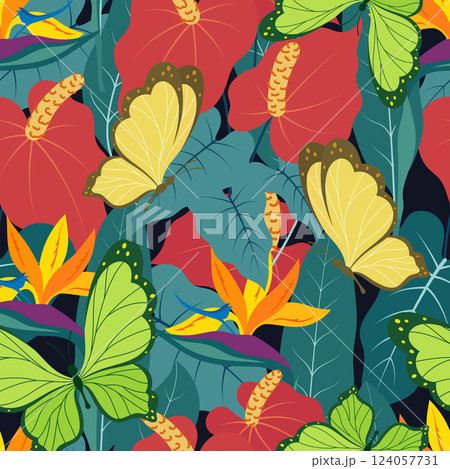 pattern with anthurium and strelitzia 124057731