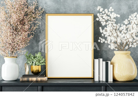 Stylish home decor setup featuring a blank frame and decorative plants on a modern shelf Stylish home decor setup featuring a blank frame and decorative plants on a modern shelf 124057842