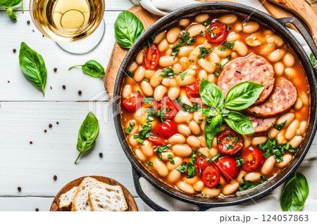 Savory bean and tomato stew served with fresh basil and white wine on a wooden table Savory bean and tomato stew served with fresh basil and white wine on a wooden table 124057863