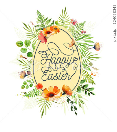 Easter card with watercolor green leaves and flowers. hand drawn. Not AI, Vector illustration 124058345