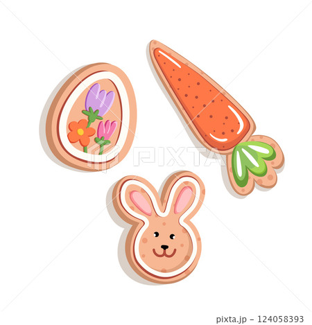 Adorable Easter cookies shaped bunny, an egg with flowers and carrot. Cookie is decorated with icing in pastel shades. For greeting cards, packaging, festive design. Cute vector cartoon illustration. 124058393