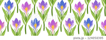 Spring Floral Seamless Pattern with Purple and Pink Flowers. Blooming crocus flowers with green leaves. Delicate botanical background for textiles, wrapping paper, wallpapers. Vector flat illustration 124058395
