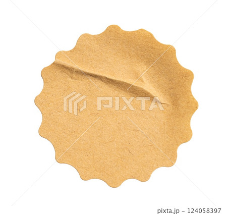 Recycled crumpled sticker paper cardboard price tag sticker with copy space, featuring a cutout transparent background for easy integration into designs 124058397