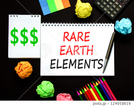 Rare earth elements symbol. Concept words Rare earth elements on beautiful white note. Black pen. Calculator. Beautiful black background. Business and rare earth elements concept. Copy space. Rare earth elements symbol. Concept words Rare earth elements on beautiful white note. Black pen. Calculator. Beautiful black background. Business and rare earth elements concept. Copy space. 124058619