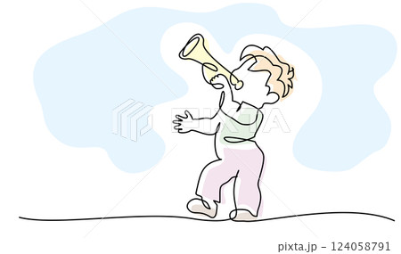 Boy blowing into trumpet. Continuous one line drawing. 124058791