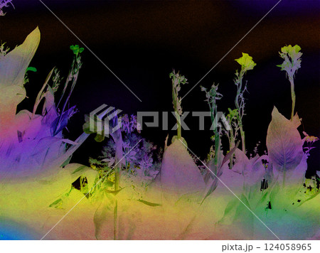 Multicoloured flowers blooming on a lush against the black night sky. Surrealistic floral landscape. Floral buds in full bloom. Summertime landscape. Multicoloured flowers blooming on a lush against the black night sky. Surrealistic floral landscape. Floral buds in full bloom. Summertime landscape. 124058965