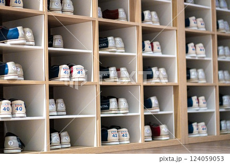 Classic bowling Shoes Stacked On Shelves on the bowling interior On The Shoes shelves Classic bowling Shoes Stacked On Shelves on the bowling interior On The Shoes shelves 124059053