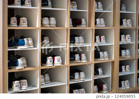Classic bowling Shoes Stacked On Shelves on the bowling interior On The Shoes shelves Classic bowling Shoes Stacked On Shelves on the bowling interior On The Shoes shelves 124059055
