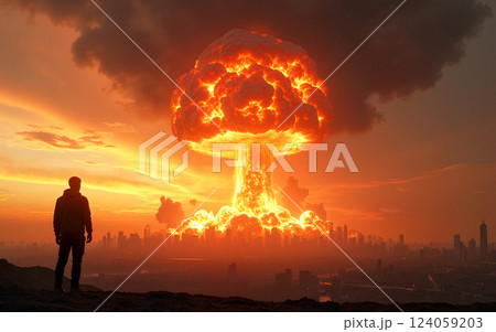 A man stands on a hill at night, watching a city engulfed in a nuclear explosion with a fireball. AI-generated image 124059203