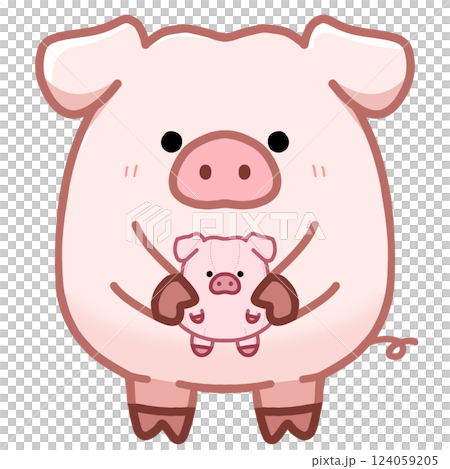自分のぬいぐるみを持つ豚 124059205