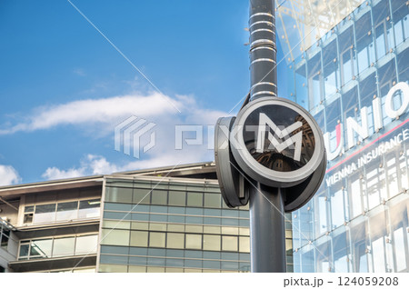 Budapest, Hungary, August 30, 2022. The modern metro logo, a white letter m on a black background. Budapest, Hungary, August 30, 2022. The modern metro logo, a white letter m on a black background. 124059208