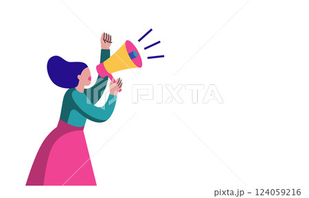 A modern flat-style illustration of a woman with a megaphone, raising her fist in a powerful call to action, with a copy space. Suitable for websites, banners, posters, infographics, social media. 124059216