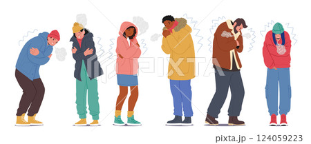 Diverse people cartoon characters freezing shivering from cold low temperature isolated set 124059223