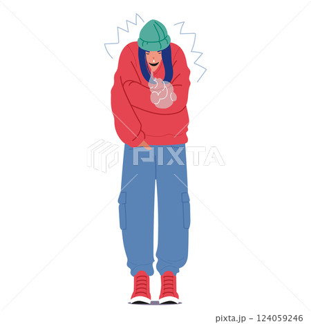 Teenage girl student character standing frozen on street dressed in clothes not suitable for weather Teenage girl student character standing frozen on street dressed in clothes not suitable for weather 124059246