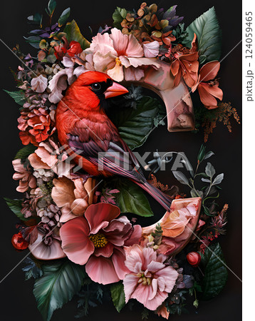 Floral tropical letter C with palm leaves and flowers. floral monogram for design 124059465