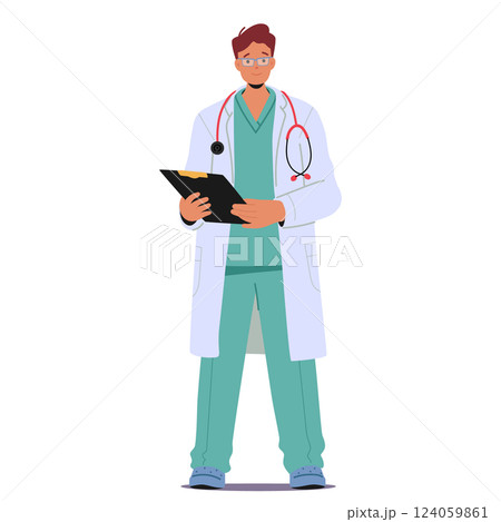 Man doctor cartoon character wearing lab coat and uniform holding clipboard isolated on white 124059861