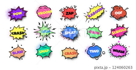 Comics speech bubbles, sound effects with dynamic typography for pop art, comics, cartoons, action scenes. Retro comic book design. Vector illustration 124060263