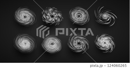 Set of tornado, hurricane, typhoon swirl icons representing extreme weather events. Used for weather forecasts, disaster warnings, meteorology infographics. Dynamic storm effect. Vector illustration Set of tornado, hurricane, typhoon swirl icons representing extreme weather events. Used for weather forecasts, disaster warnings, meteorology infographics. Dynamic storm effect. Vector illustration 124060265