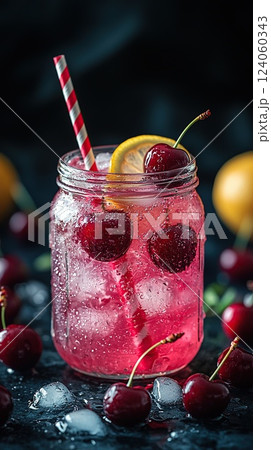 Refreshing cherry lemonade served in a glass jar with garnishes and a straw against a dark background 124060343