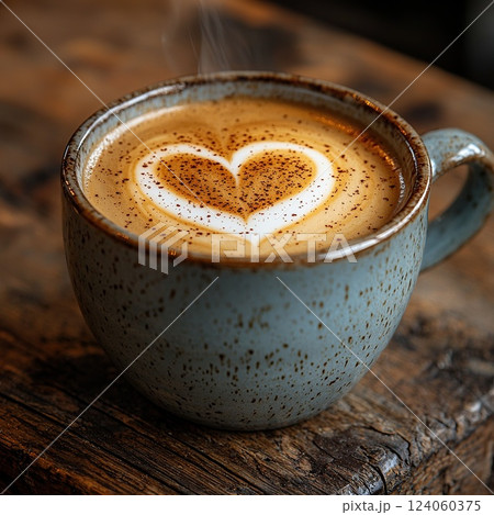 Warm coffee cup with heart latte art resting on a rustic wooden table at a cozy cafe 124060375