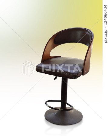 beautiful old brown stool with backrest, old metal legs, brown color leather seat on gradient white and yellow background, object, comfortable, decor, copy space 124060434