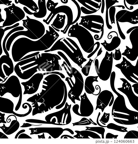 Cats black seamless background. hand drawing. Not AI, Vector illustration 124060663