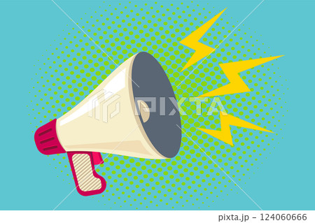 Vector icon of vintage megaphone for fake, breaking news or sale. Vector retro white megaphone with lightning on retro background. 124060666