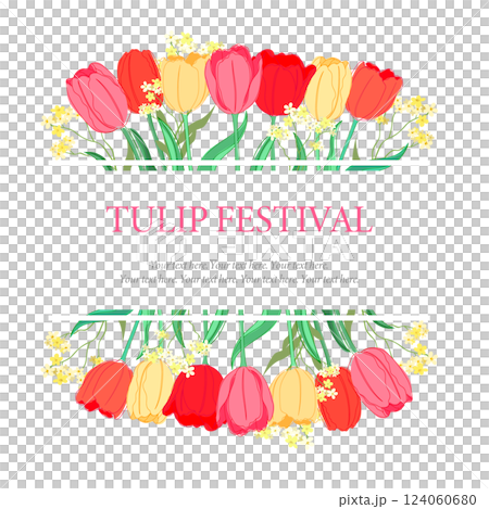 Colorful tulip illustration frame and title. Decorative frame 124060680