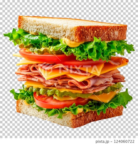 Delicious sandwich with layers of salami, cheese, lettuce, and tomato isolated on a transparent background. Fresh ingredients such as greens, nuts, and spices are flying around. 124060722