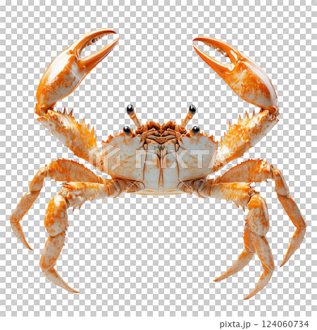 Vibrant orange crab isolated on a transparent background. Close-up of a marine crustacean with raised claws 124060734