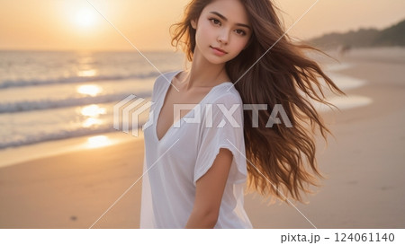 夕日に照らされる女性 124061140