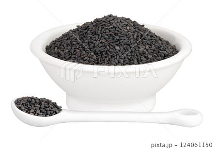 black sesame seeds in ceramic bowl and spoon isolated on white background with full depth of field black sesame seeds in ceramic bowl and spoon isolated on white background with full depth of field 124061150