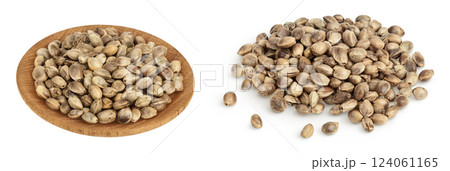 Hemp seeds in wooden bowl isolated on white background with full depth of field 124061165