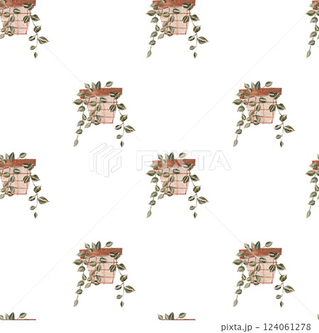 Seamless pattern with greenery in flowers pots. Floral illustration on white background. Strings of pearls 124061278