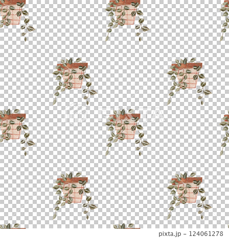 Seamless pattern with greenery in flowers pots. Floral illustration on white background. Strings of pearls 124061278