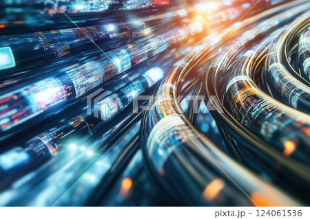 Fiber optic cables transferring data with futuristic digital display showing code 124061536