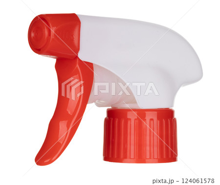 White and Red Plastic Spray Nozzle Side View White and Red Plastic Spray Nozzle Side View 124061578