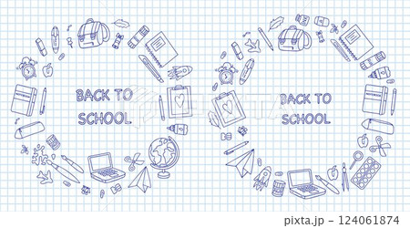 Back to School Banners. Hand drawn stationery set. Doodle style school supplies on checkered background. 124061874