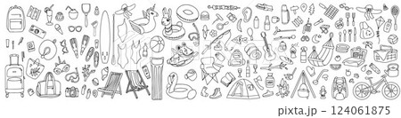 Hand drawn set of summer holiday elements, travel, drawn in doodle style. Illustration for banner, background, icon, logo design. Vector 124061875