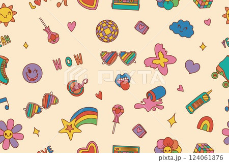Seamless pattern. Classic 80s 90s elements with a modern twist. Hand drawn vector illustration. Seamless pattern. Classic 80s 90s elements with a modern twist. Hand drawn vector illustration. 124061876