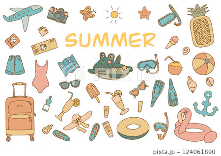 Colorful beach items and accessories elements in doodle style. Hand drawn beach items and sports equipment. Vector illustration. White background Colorful beach items and accessories elements in doodle style. Hand drawn beach items and sports equipment. Vector illustration. White background 124061890