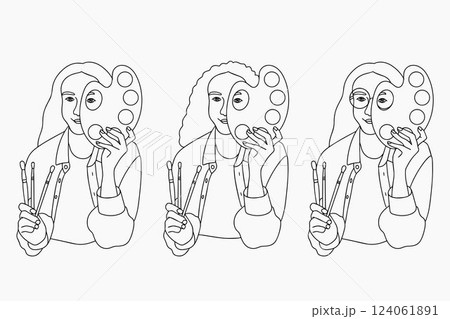 Young woman with palette and art brushes in her hands. Artist workflow concept. Artist logo. Doodle style drawing on white background Young woman with palette and art brushes in her hands. Artist workflow concept. Artist logo. Doodle style drawing on white background 124061891