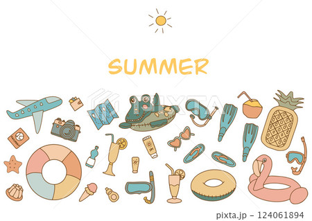 Colorful beach items and accessories elements in doodle style. Hand drawn beach items and sports equipment. Summer vacation essentials. Vector 124061894